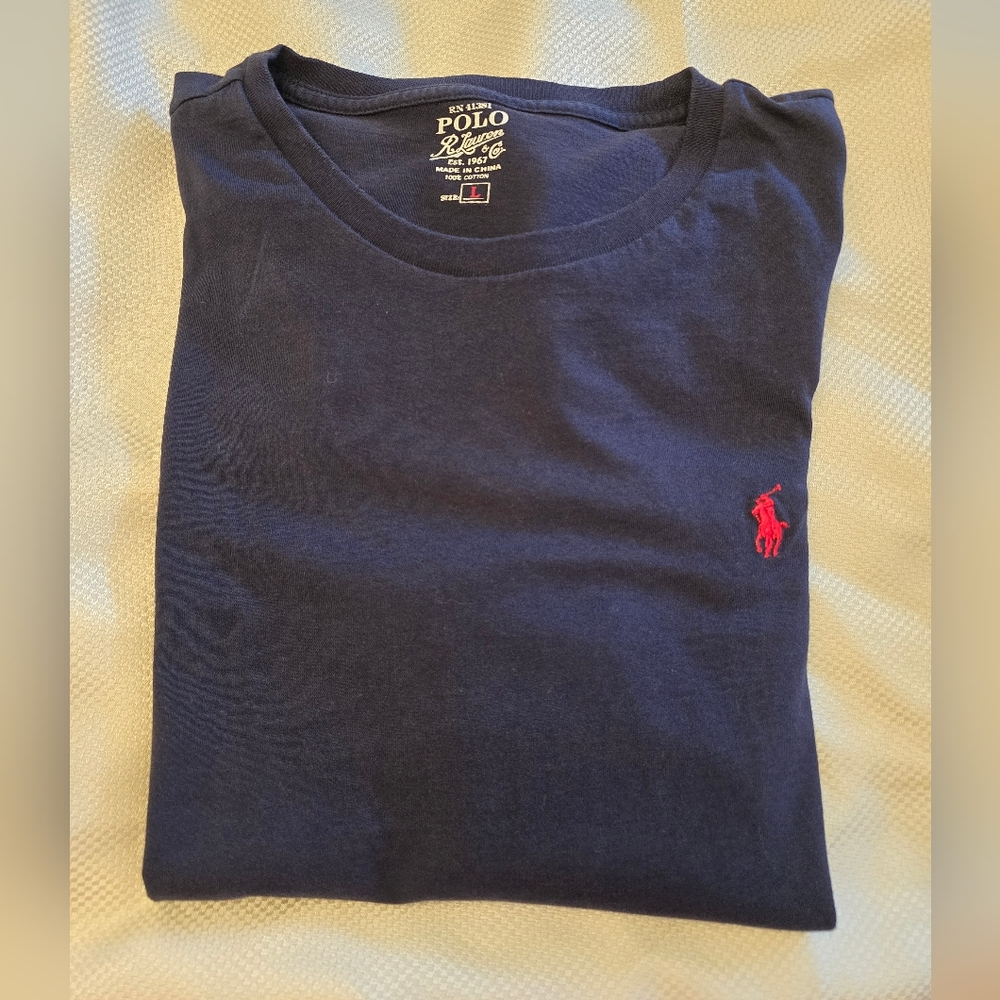Polo by Ralph Lauren Men's Dark Blue Tee with Red Logo